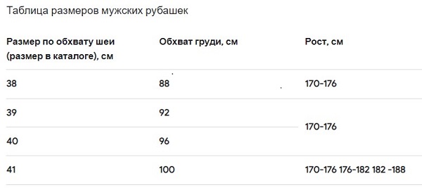Русские размеры мужских рубашек 